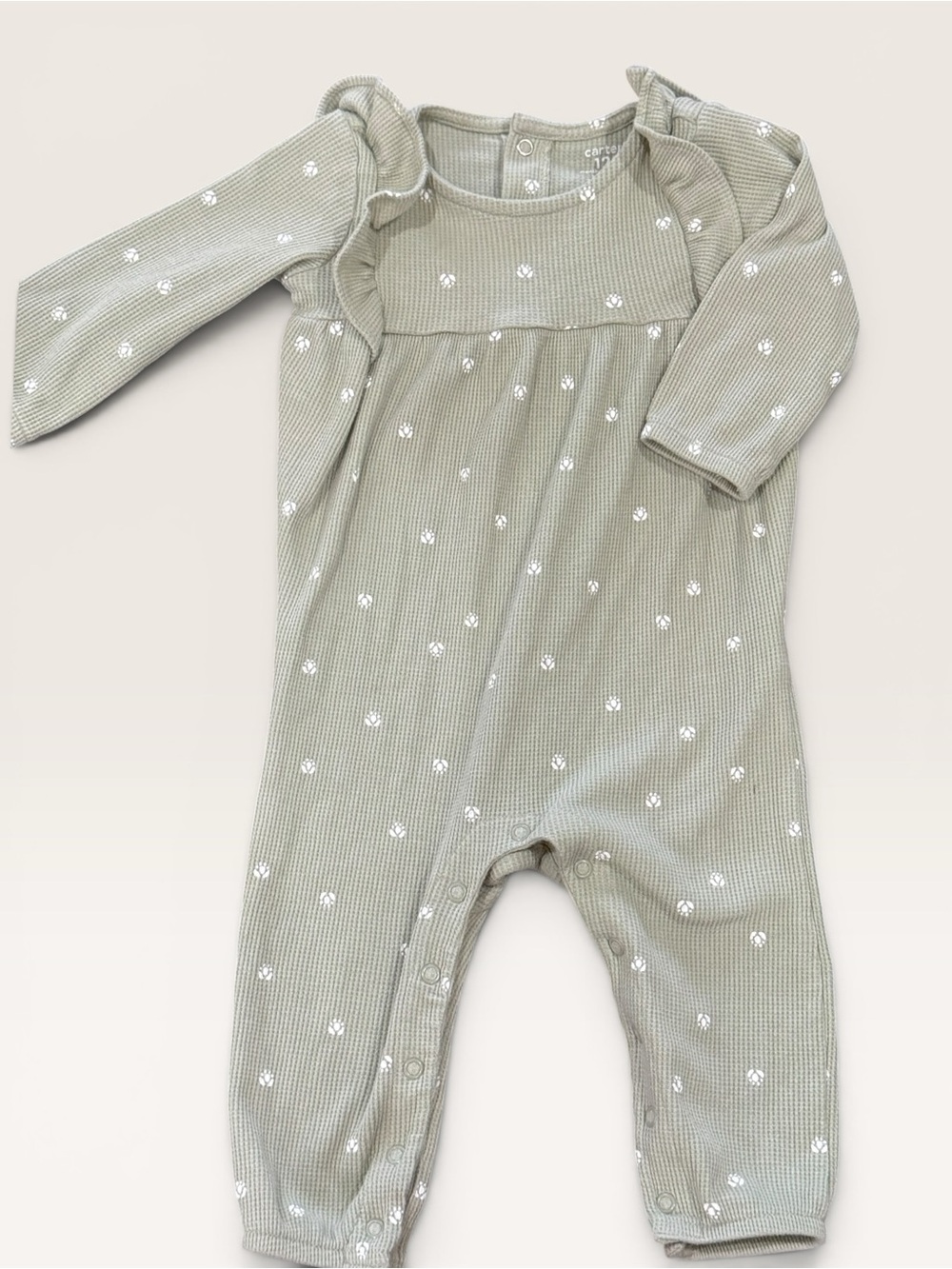 NWOT Carter’s Baby Girl Sage Green Waffle Knit Floral Print Jumpsuit 12M